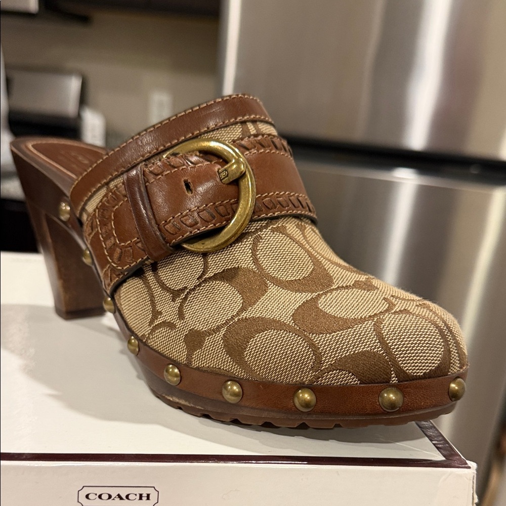 Coach Brown Logo Canvas Clog Mule with Leather Buckle